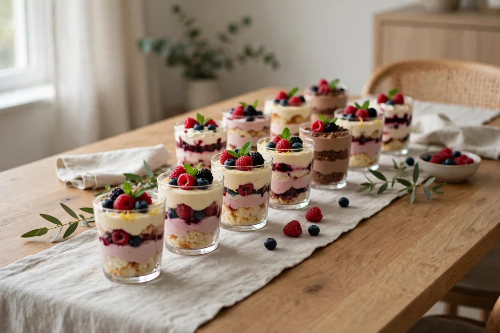 Small glass dessert cups with layered mousse lined along a table runner.