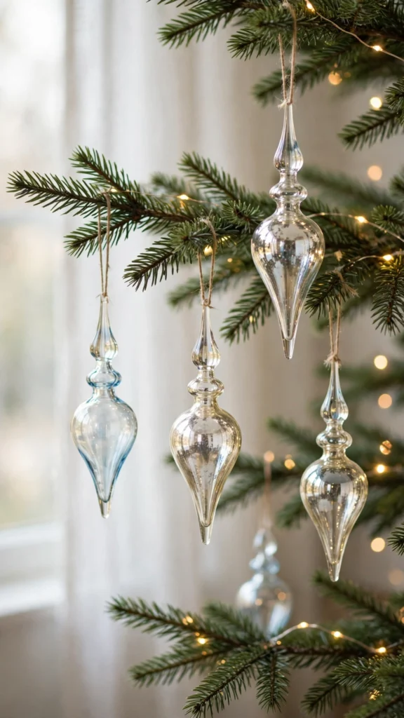 Christmas Tree Decorating Ideas for a Magical Holiday Look 21 Glass finial ornaments hanging from Christmas tree branches reflecting warm lights softly