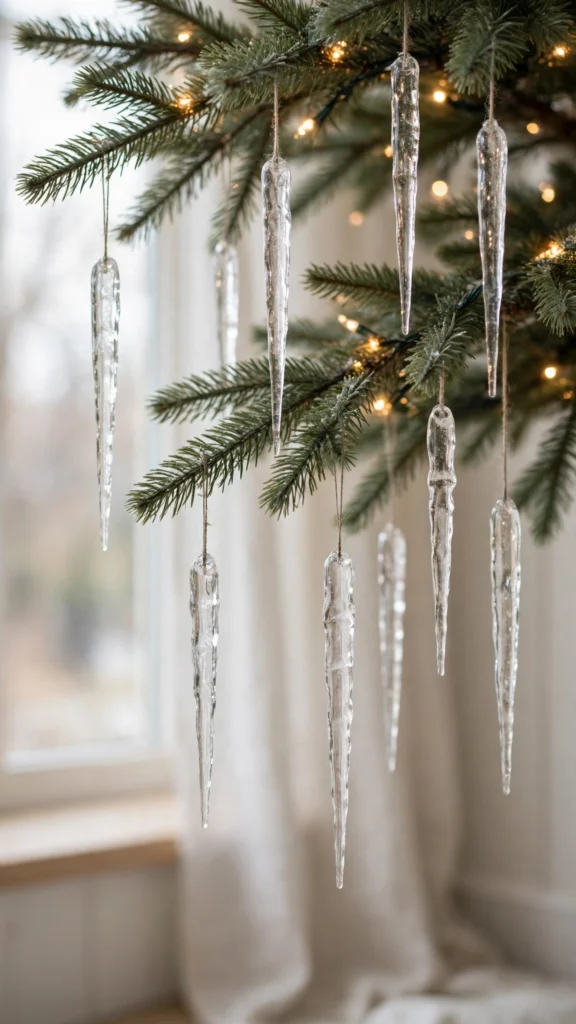 Christmas Tree Decorating Ideas for a Magical Holiday Look 12 Glass icicle ornaments dangling from Christmas tree branches reflecting warm lights softly