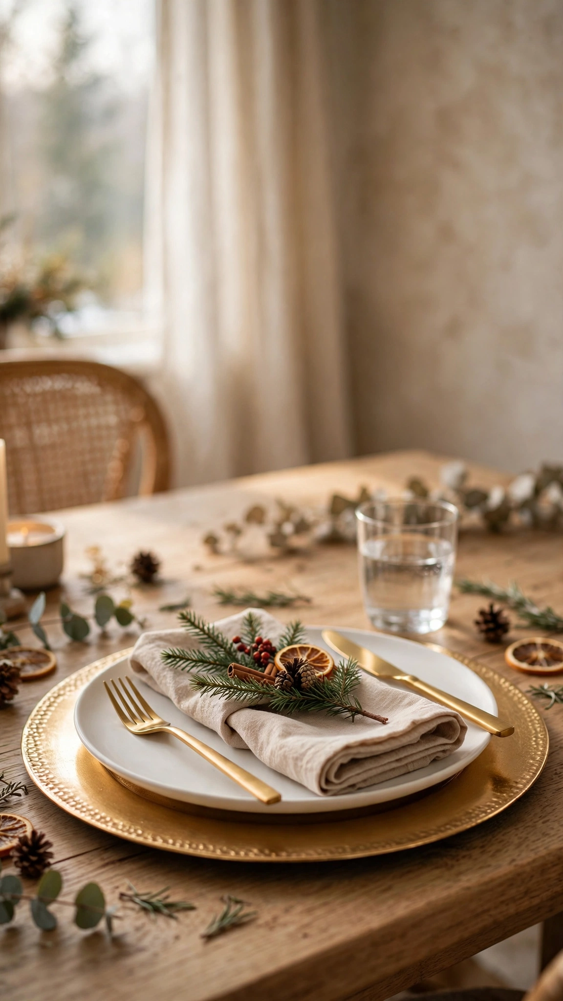 Christmas place setting featuring gold charger plates beneath white dinner plates and gold flatware.