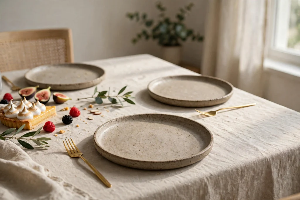 Slender gold dessert forks laid beside stoneware plates on a dessert table.