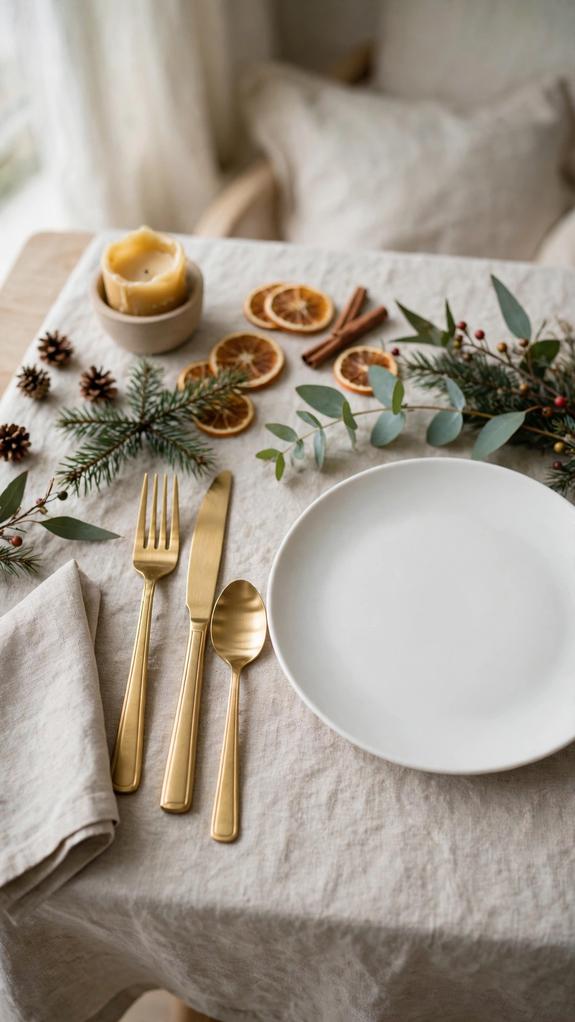 Gold flatware arranged beside a white dinner plate on a festive Christmas table setting.