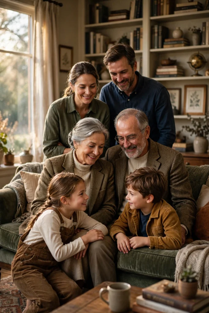 Family Thanksgiving Twinning Outfits for a Cute Photo Moment 16 Three generations together, grandparents in tweed and grandkids in corduroy, smiling warmly.