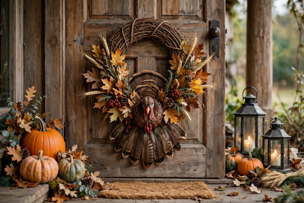 Grapevine turkey wreath styled on wooden front door with pumpkins and lanterns.