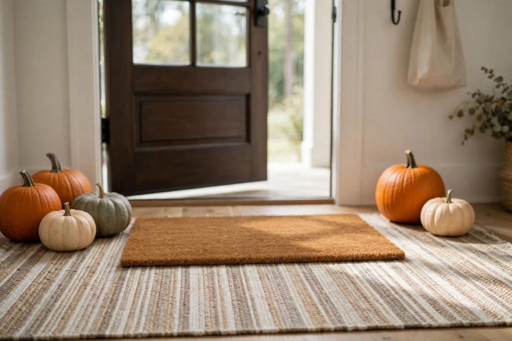 Gratitude and Thankful Themed Decor for Your Thanksgiving Home 15 Coir doormat layered over a rug at a styled front door entry