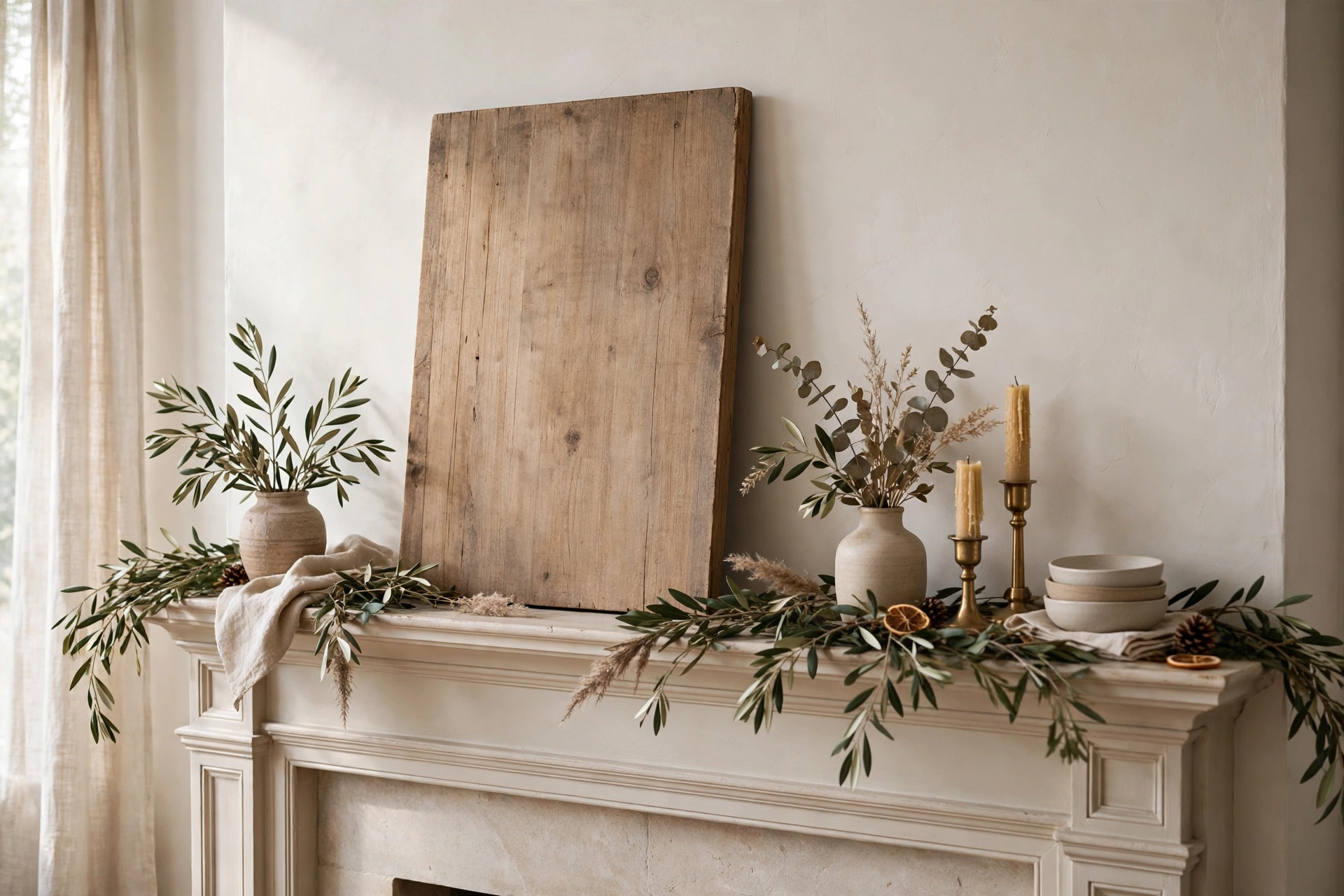 Wooden grateful sign leaning on a beautifully decorated holiday mantel.