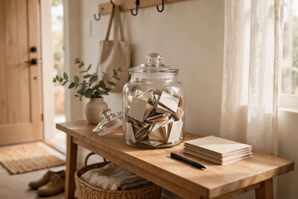 Gratitude and Thankful Themed Decor for Your Thanksgiving Home 16 Glass memory jar with notes near an entryway with cards and pen