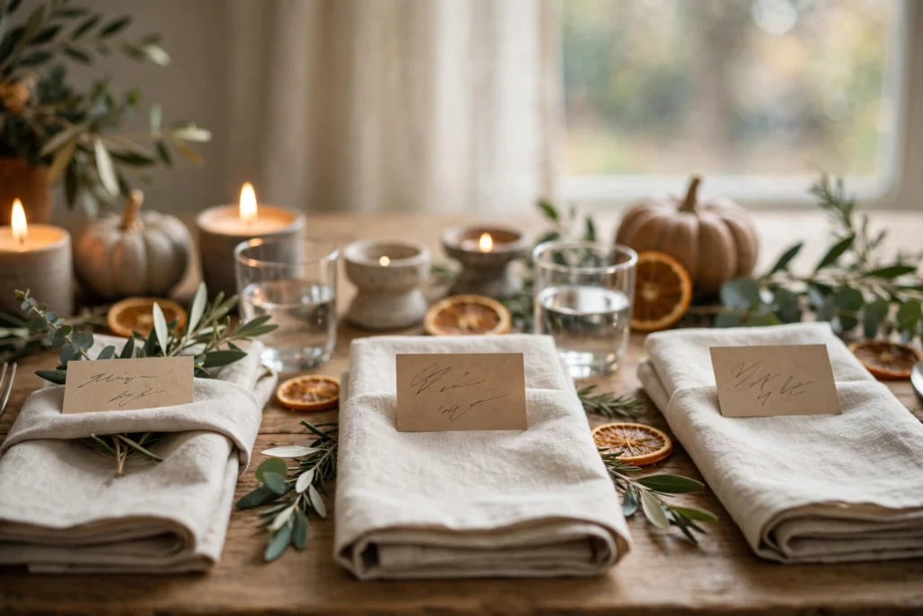 Gratitude and Thankful Themed Decor for Your Thanksgiving Home 9 Handwritten place cards in folded napkins at a Thanksgiving table setting