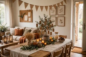 Warm Thanksgiving living room and dining space styled with harvest textures and glowing accents