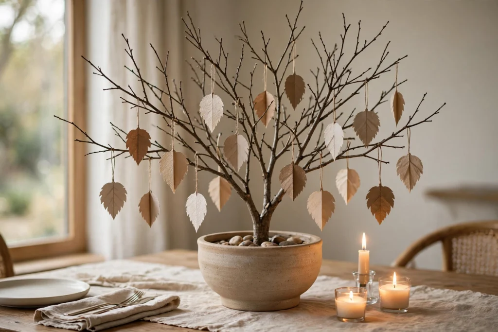 Gratitude and Thankful Themed Decor for Your Thanksgiving Home 4 Branch centerpiece with hanging paper leaves in a vase on a dining table
