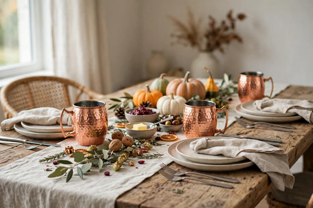 Hammered copper mugs styled at place settings on a festive holiday table.
