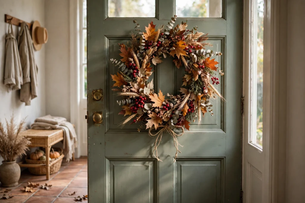 Friendsgiving Decor Ideas for a Fun Festive Party 15 Harvest wreath with dried leaves and berries hanging on a front door.