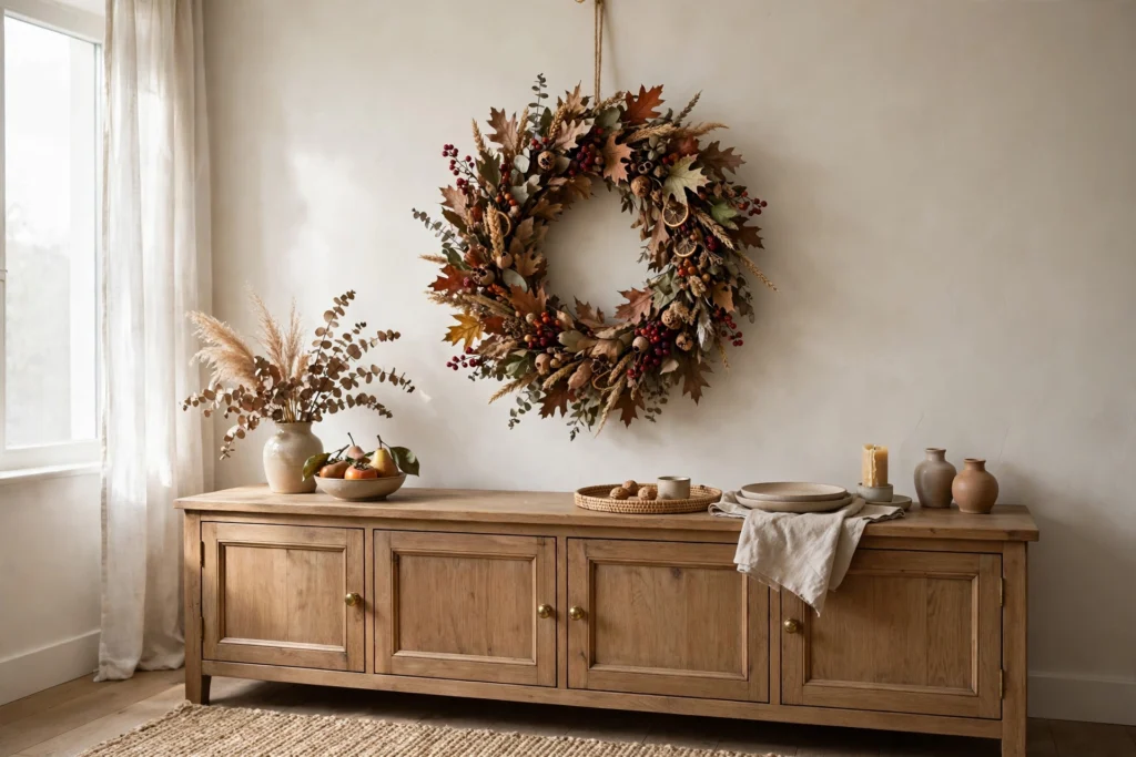 Cornucopia Decor Ideas for a Traditional Thanksgiving Table 12 Harvest wreath of dried leaves and berries hanging above a dining sideboard
