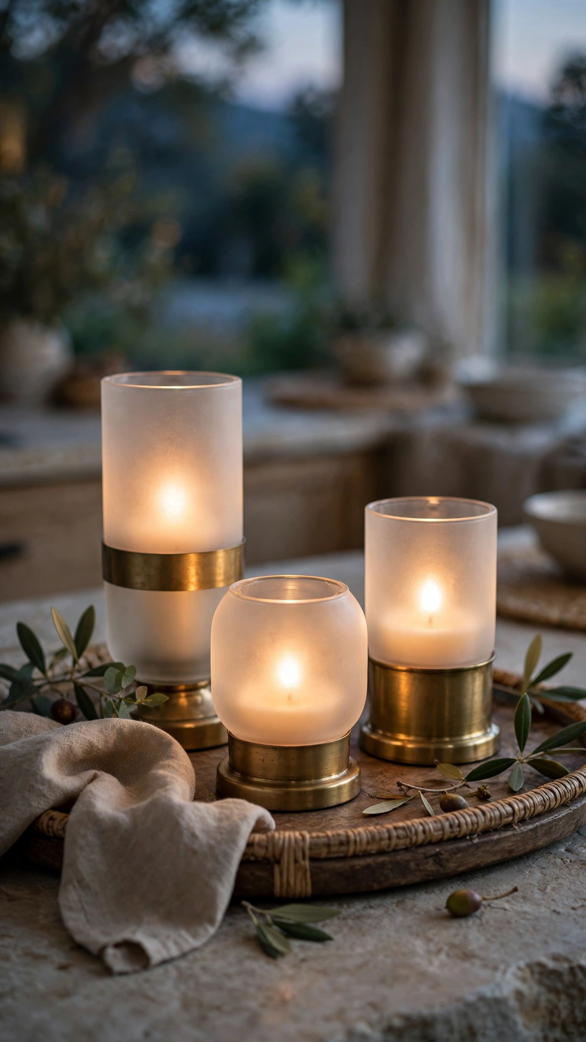 Christmas Kitchen Decor Ideas for a Festive Cozy Space 12 Brass and frosted glass candle holders glowing on a kitchen tray at dusk.
