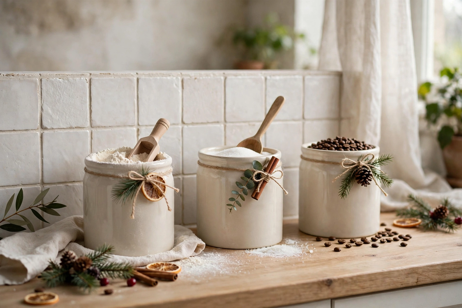 Christmas Kitchen Decor Ideas for a Festive Cozy Space 19 Holiday canisters lined along a kitchen backsplash with flour, sugar, and coffee.