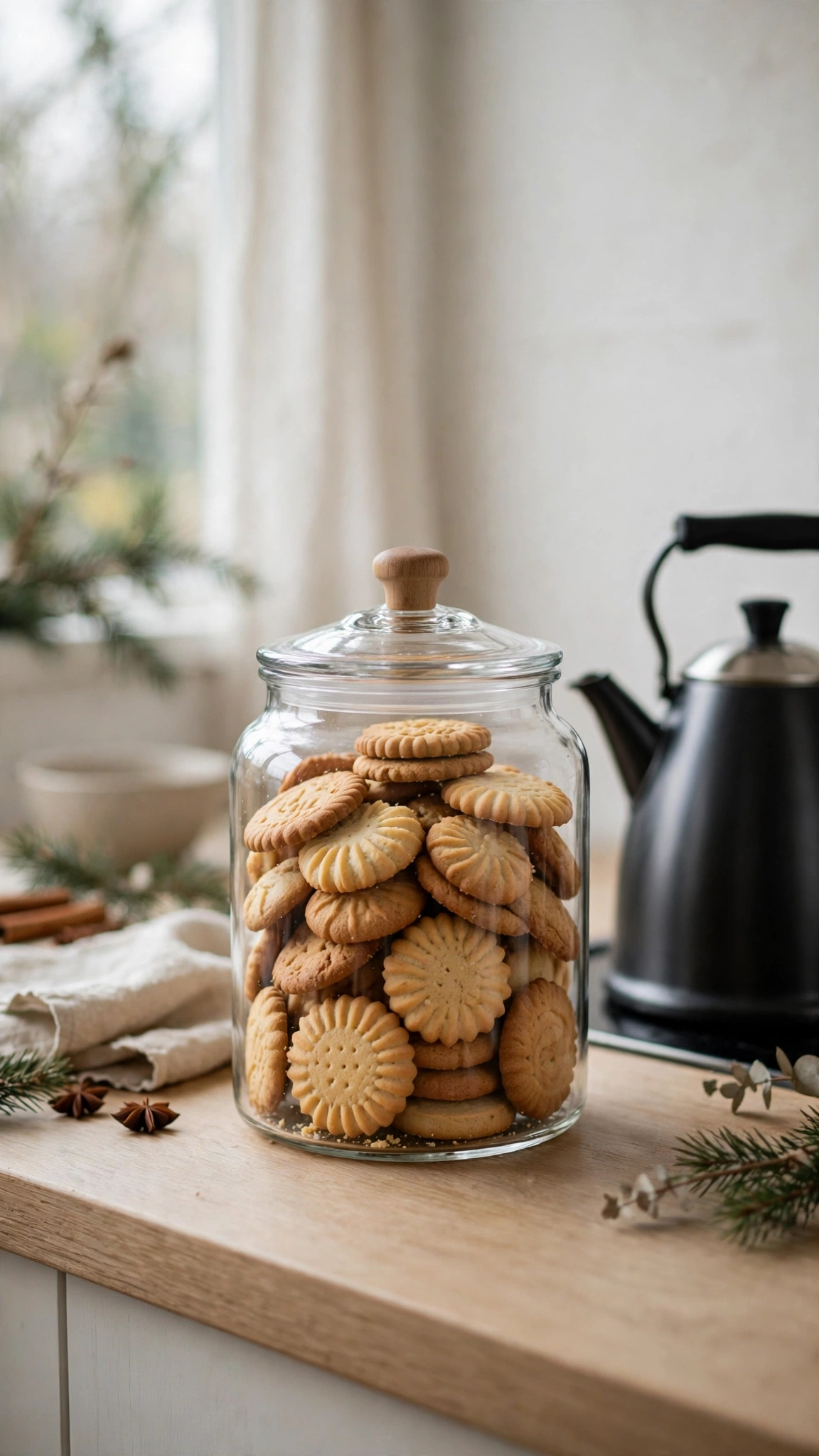 Christmas Kitchen Decor Ideas for a Festive Cozy Space 7 A holiday cookie jar filled with biscuits on a kitchen counter near the kettle.