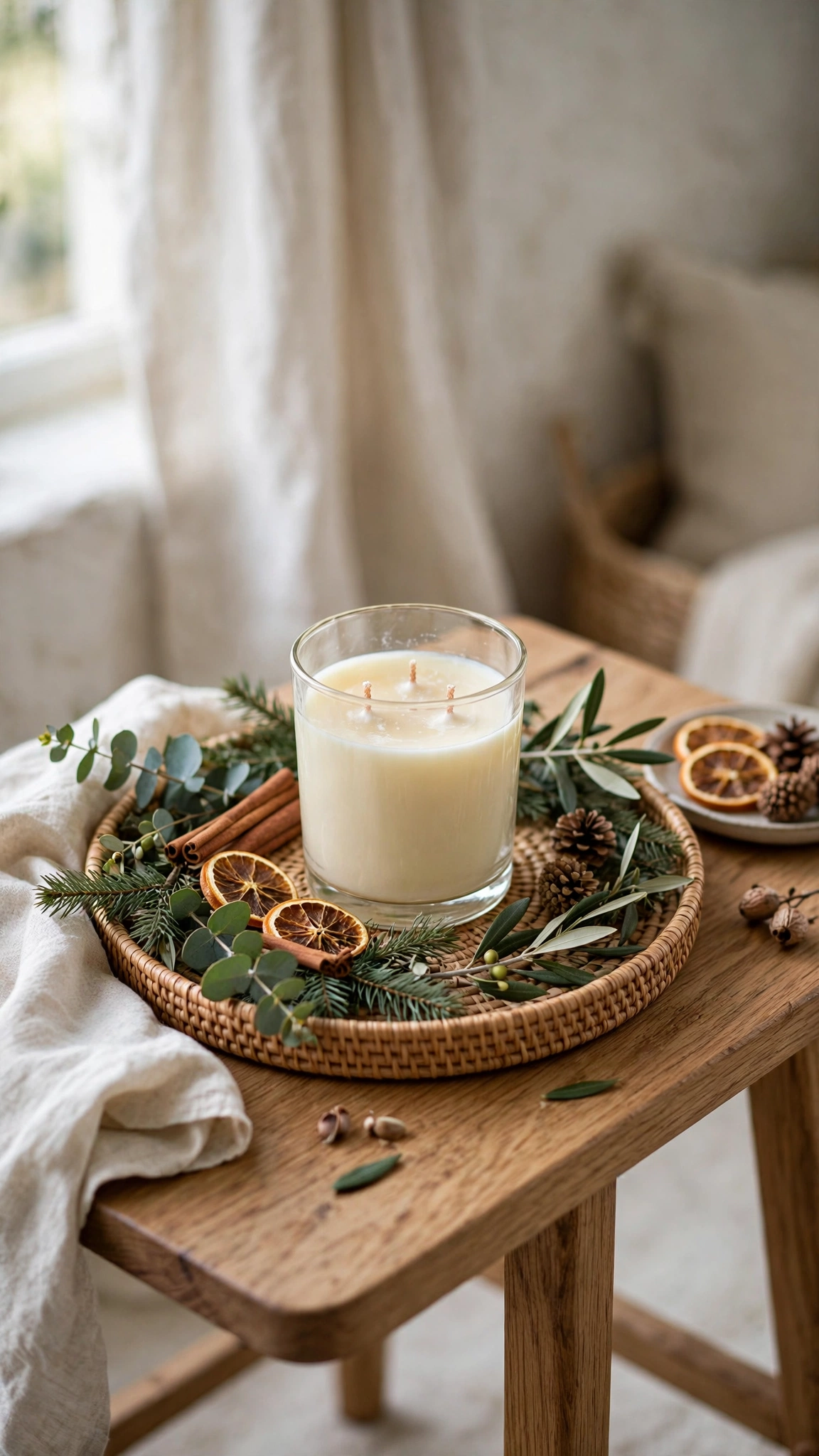 Holiday-scented candle on a tray with greenery styled on a side table at Christmas.