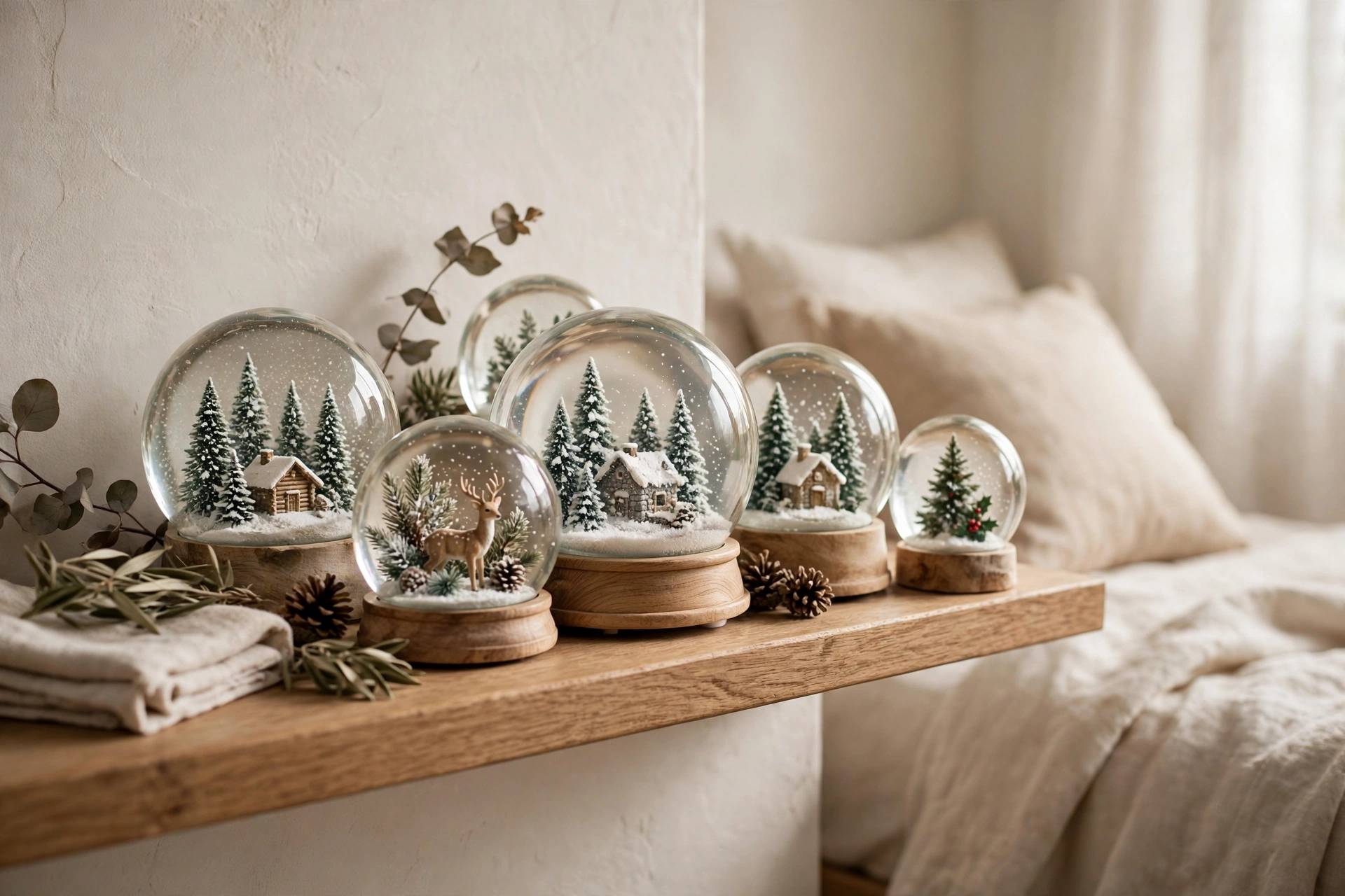 Christmas Bedroom Decor Ideas for a Cozy Festive Retreat 22 Holiday snow globes grouped on a bedroom shelf with soft natural light