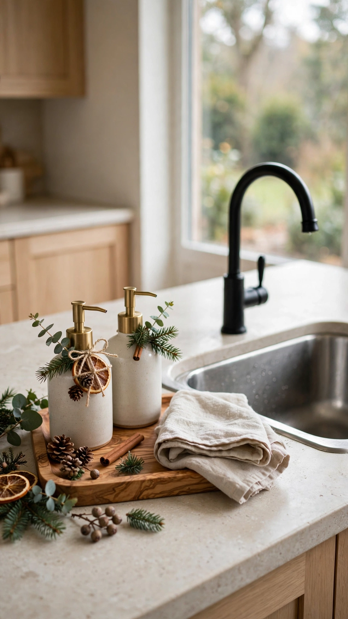 Christmas Kitchen Decor Ideas for a Festive Cozy Space 15 A holiday soap dispenser set with a tray and towel beside a kitchen sink.