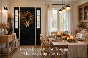 Warm dining room styled for Thanksgiving with candles, fall wreath, and linen runner.
