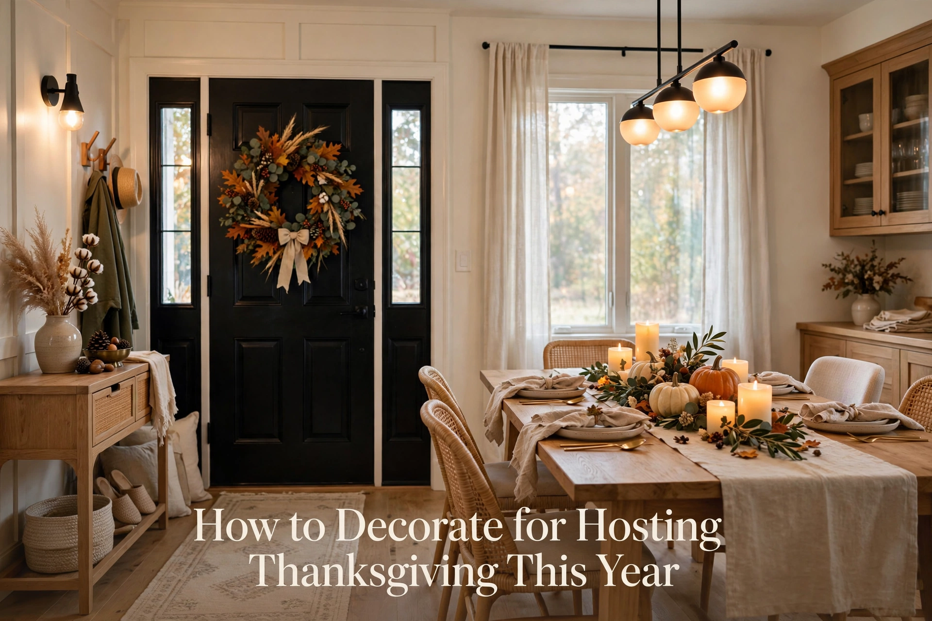 Warm dining room styled for Thanksgiving with candles, fall wreath, and linen runner.