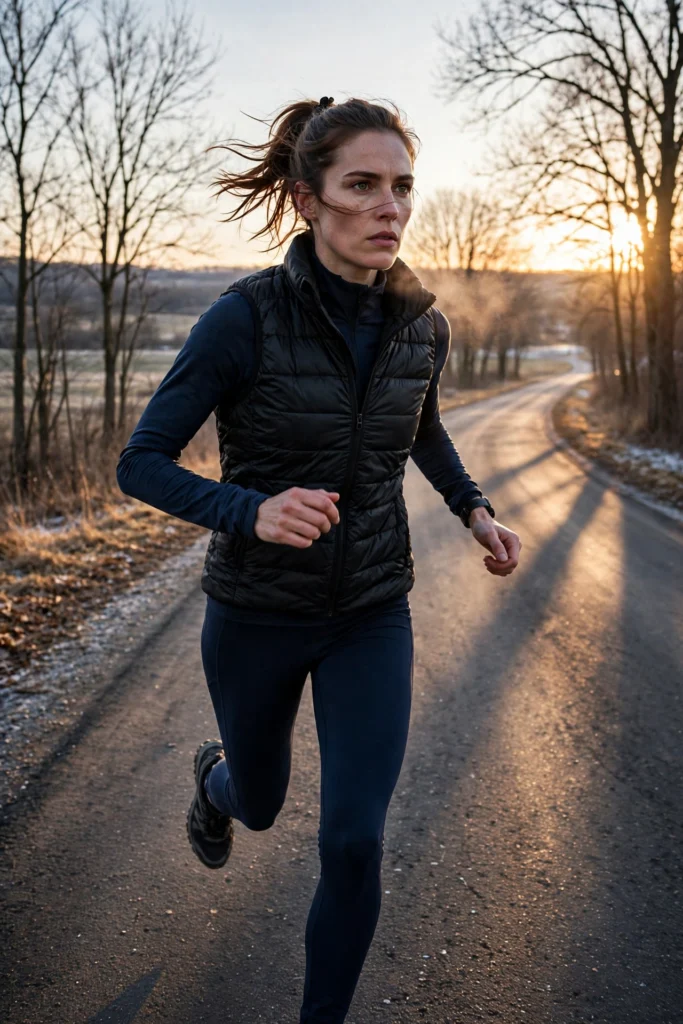 Strong runner in an insulated vest and long sleeves on a cold road.