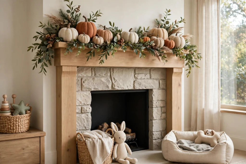 Thanksgiving mantel styled high with faux pumpkins and greenery, safe for kids.