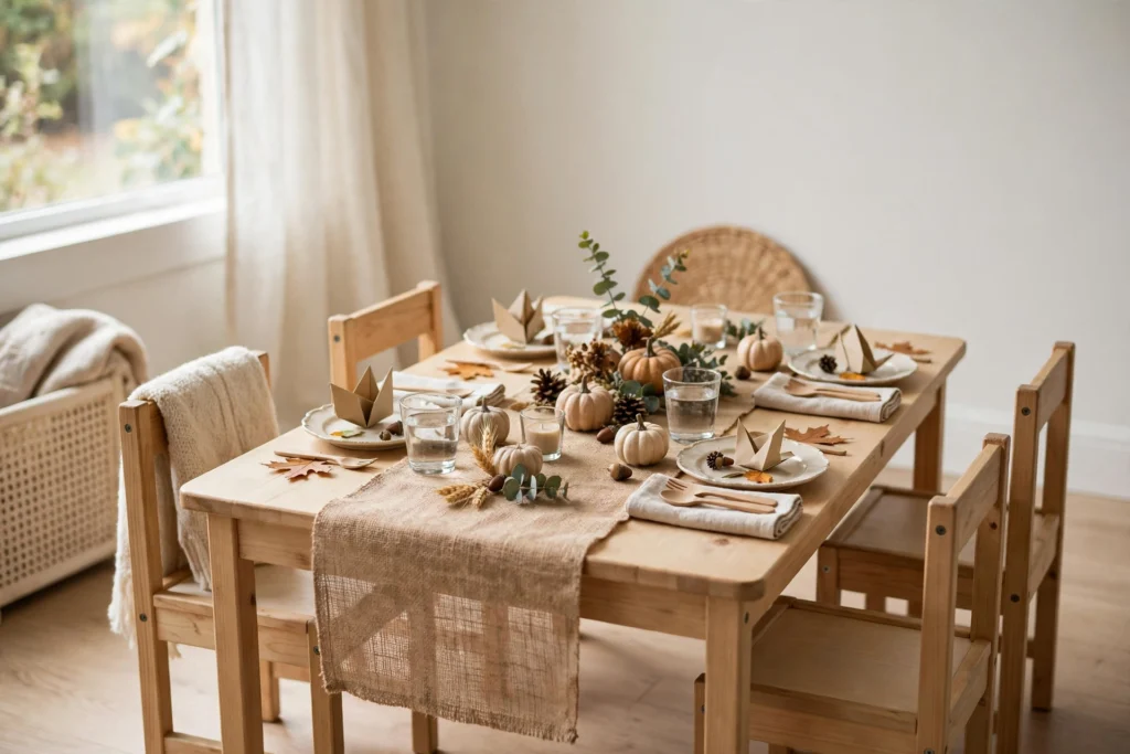 Burlap runner down the center of a separate children's Thanksgiving table setting