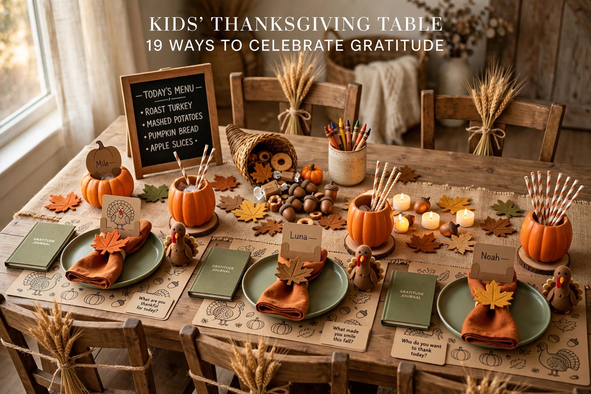 Kids' Thanksgiving table with pumpkin place cards, coloring placemats, and autumn decorations