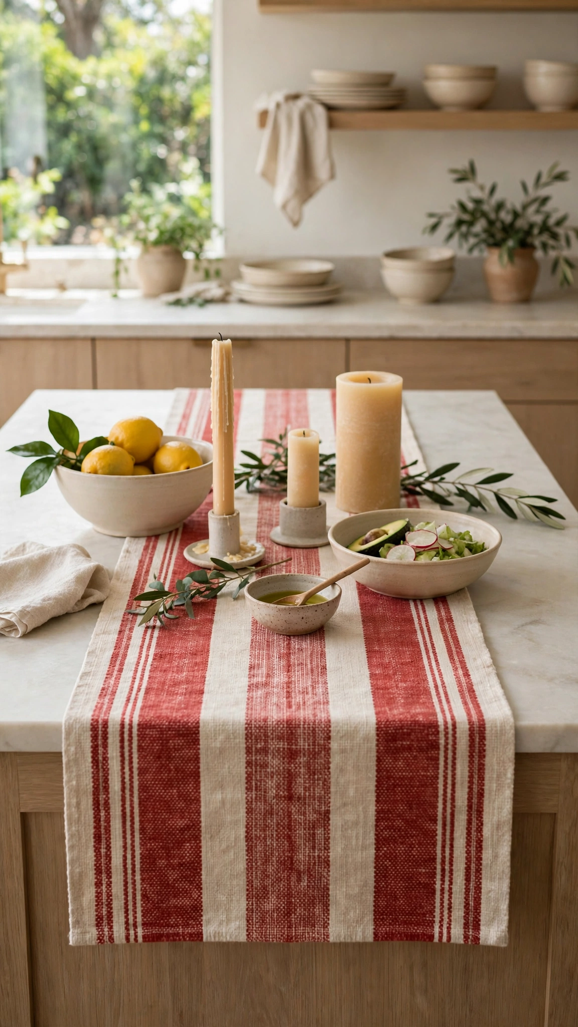 Christmas Kitchen Decor Ideas for a Festive Cozy Space 10 A red and cream table runner on a kitchen island with bowls and candles.