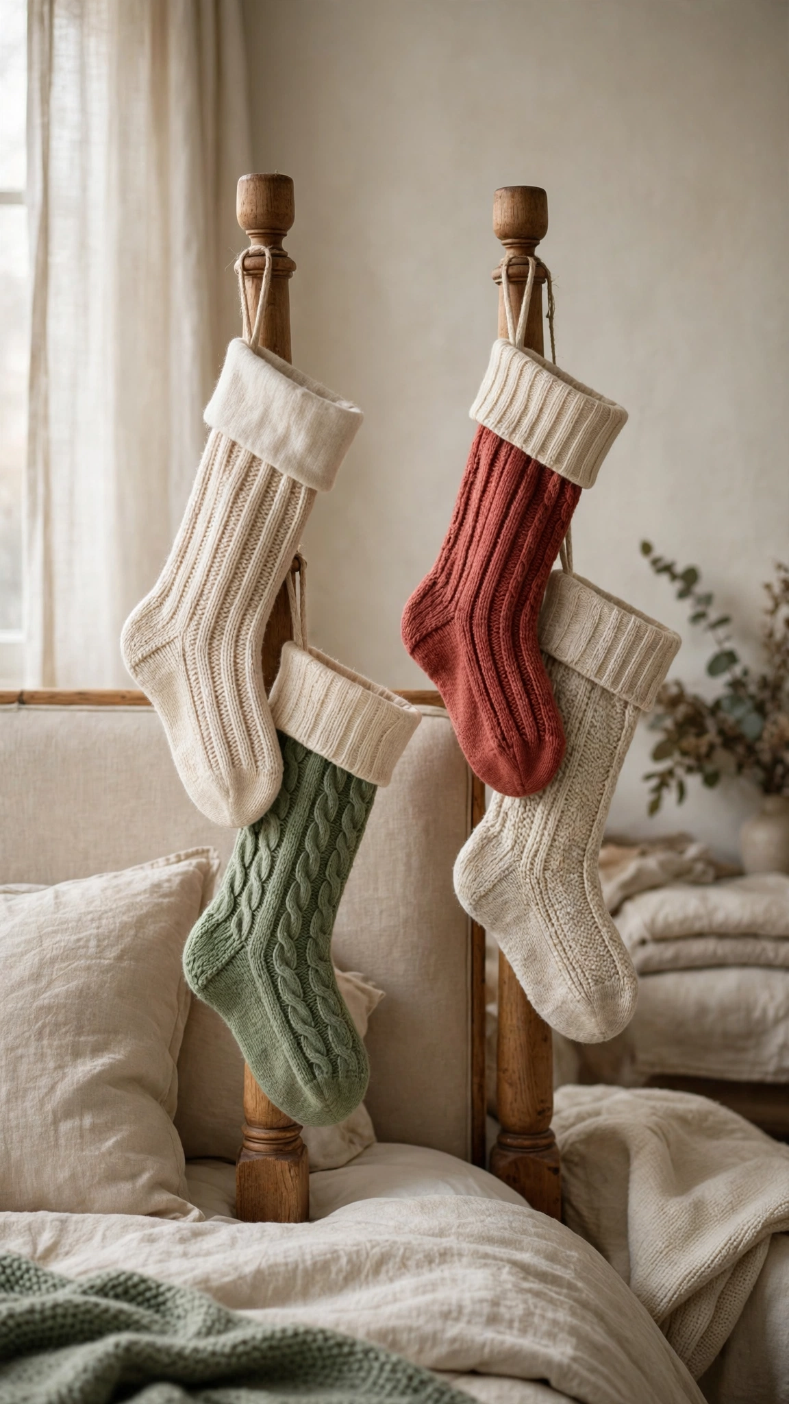 Christmas Bedroom Decor Ideas for a Cozy Festive Retreat 13 Knit Christmas stockings hanging on bedroom bedposts with soft cozy festive light