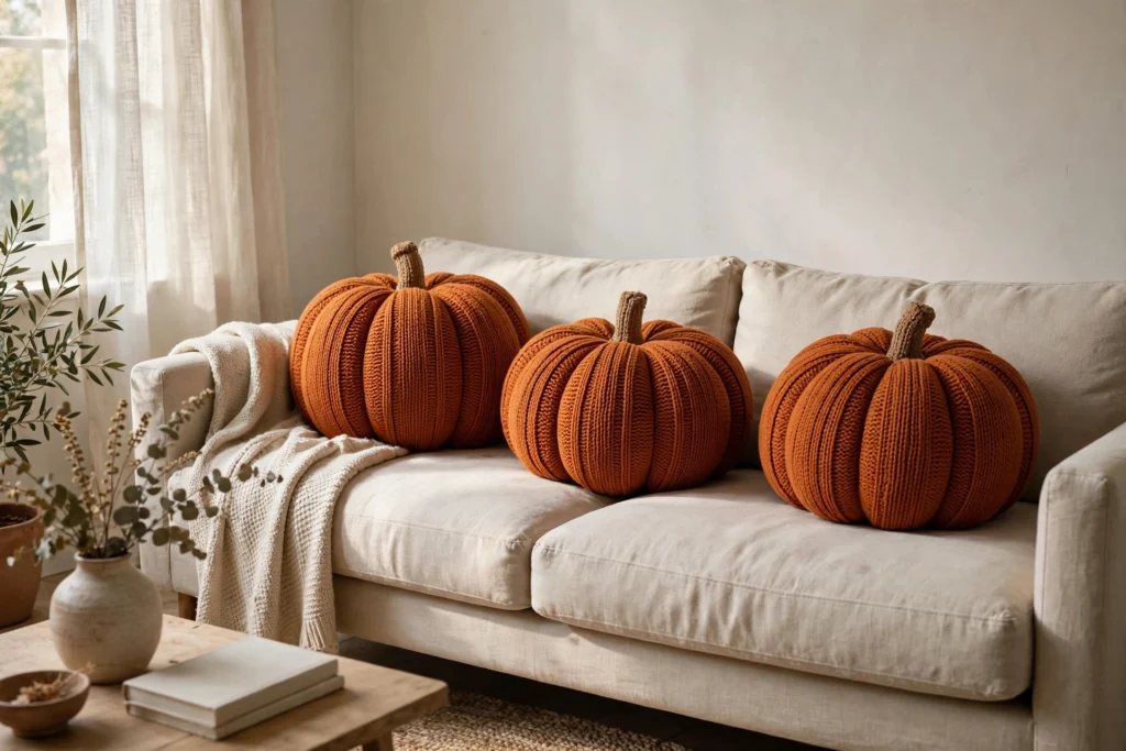 Turkey Day Decor Ideas for a Cozy Festive Home 17 Knit pumpkin pillows in burnt orange arranged on a cozy living room sofa.