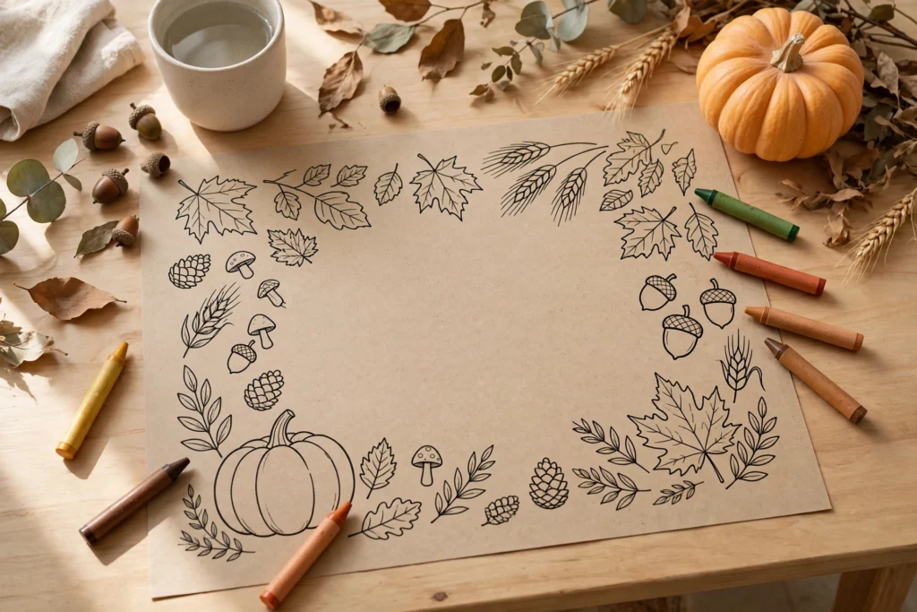 Kraft paper placemat with harvest outlines and crayons on a kids' Thanksgiving table