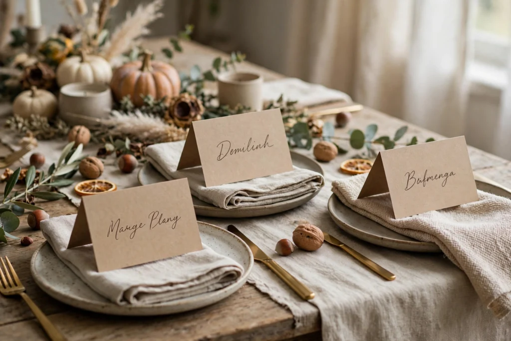 Modern Minimalist Thanksgiving Decor for a Chic Clean Table 18 Kraft paper place cards with handwritten names on a minimalist Thanksgiving table.