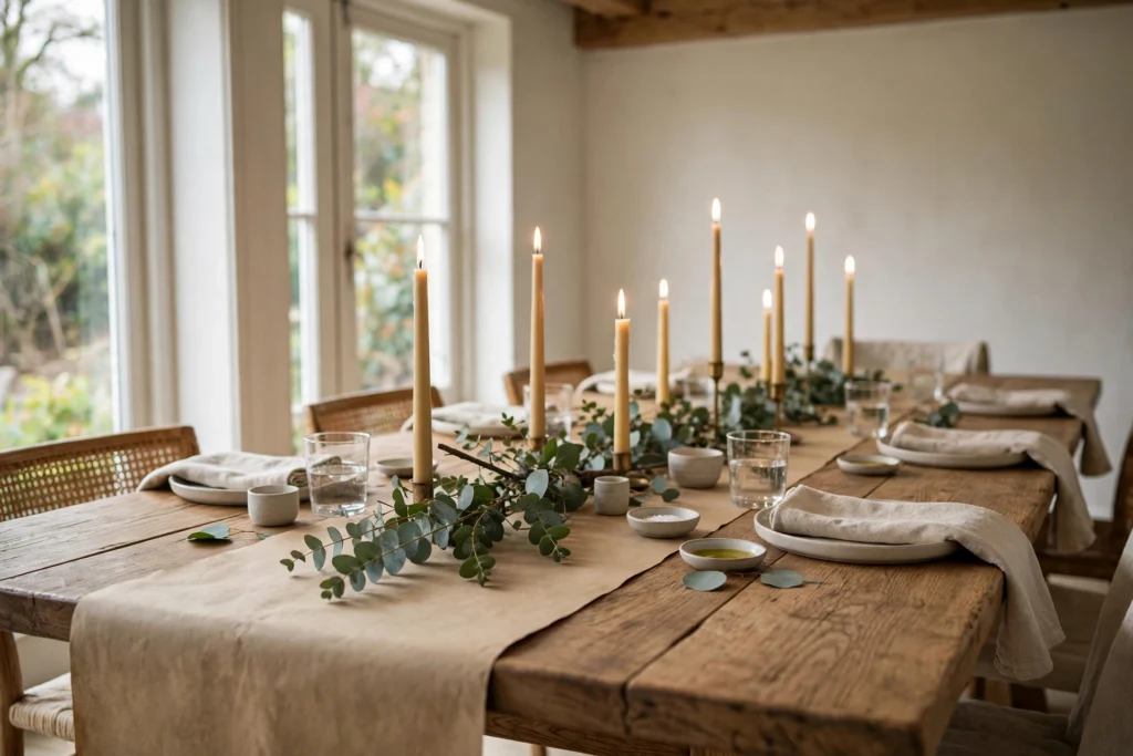 Friendsgiving Decor Ideas for a Fun Festive Party 2 Dining table with kraft paper runner, eucalyptus sprigs, and small pumpkins in daylight.