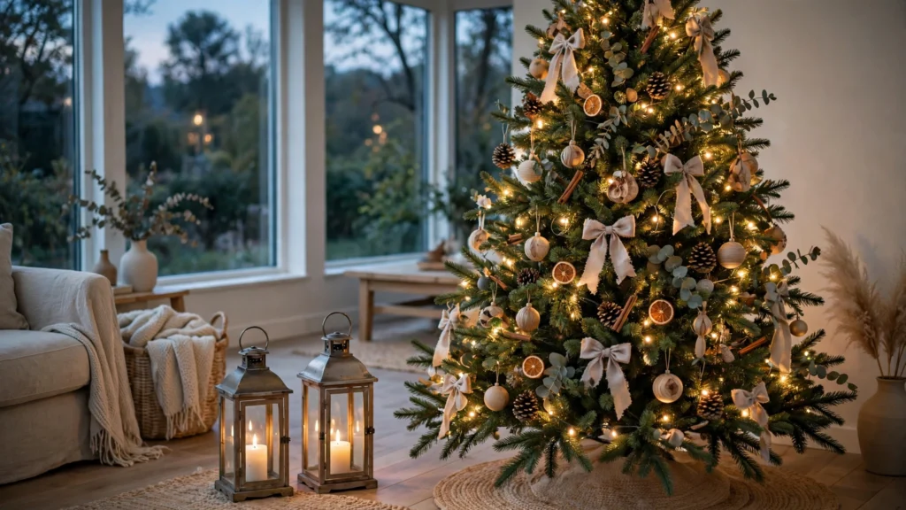 Christmas Tree Decorating Ideas for a Magical Holiday Look 23 Lanterns glowing beside a decorated Christmas tree in a cozy evening corner