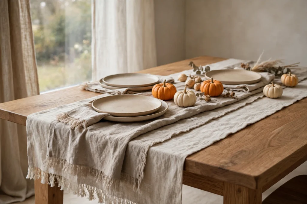 Gratitude and Thankful Themed Decor for Your Thanksgiving Home 5 Linen table runner with fringed ends on a styled wooden dining table