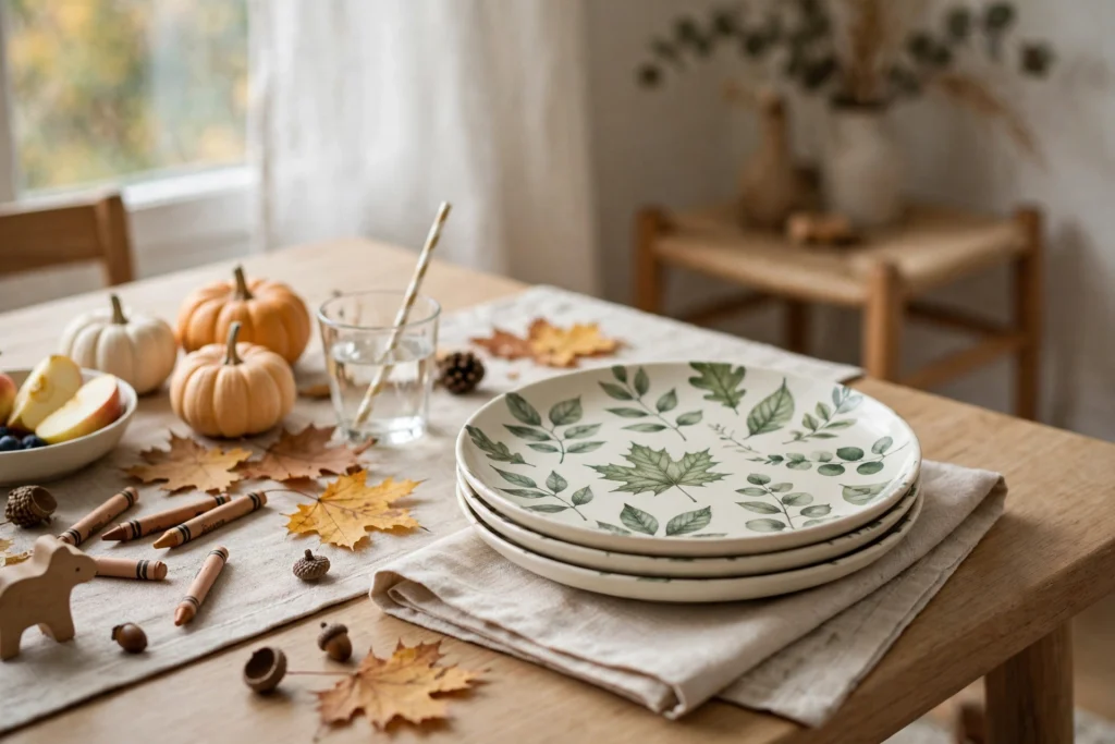 Leaf-print melamine plates stacked at the children's end of a Thanksgiving table