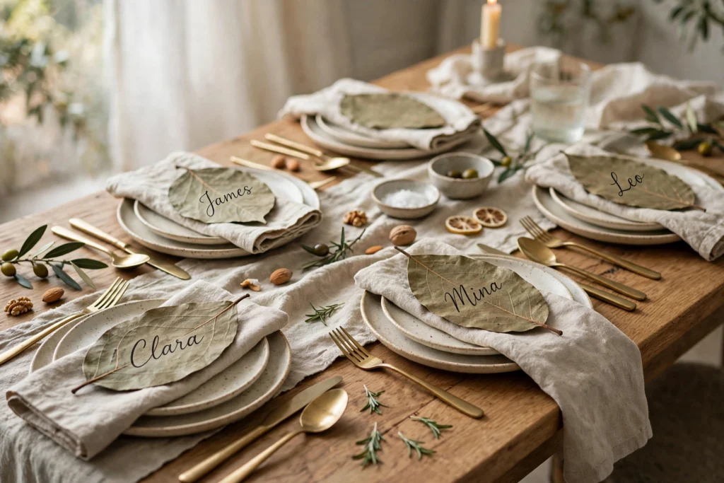 Friendsgiving Decor Ideas for a Fun Festive Party 19 Leaf-shaped place cards with handwritten names arranged on a set dinner table.