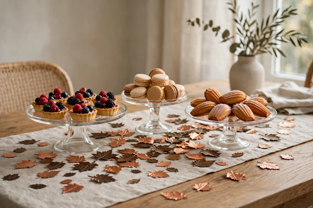 Copper and bronze leaf scatter sprinkled between dessert stands on a table.