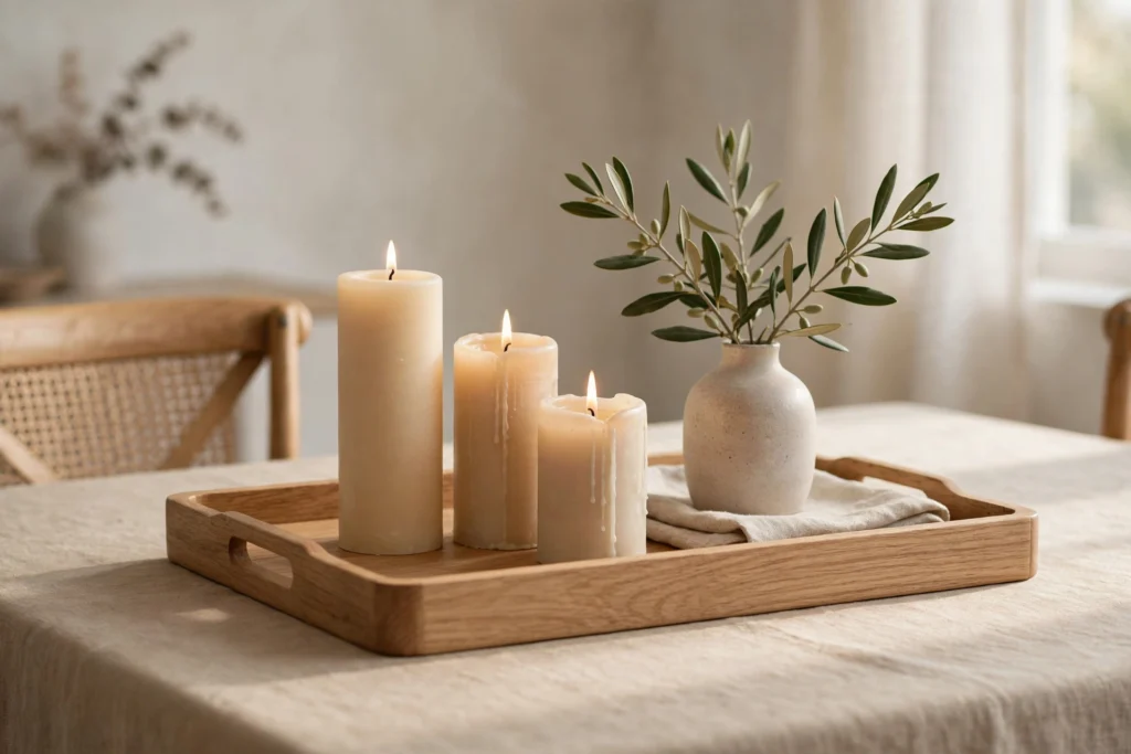 Modern Minimalist Thanksgiving Decor for a Chic Clean Table 6 Light oak serving tray styled with candles on a minimalist Thanksgiving table.