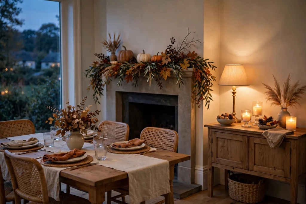 Cozy dining room glowing with flameless candles, a warm lamp, and fall mantel decor.
