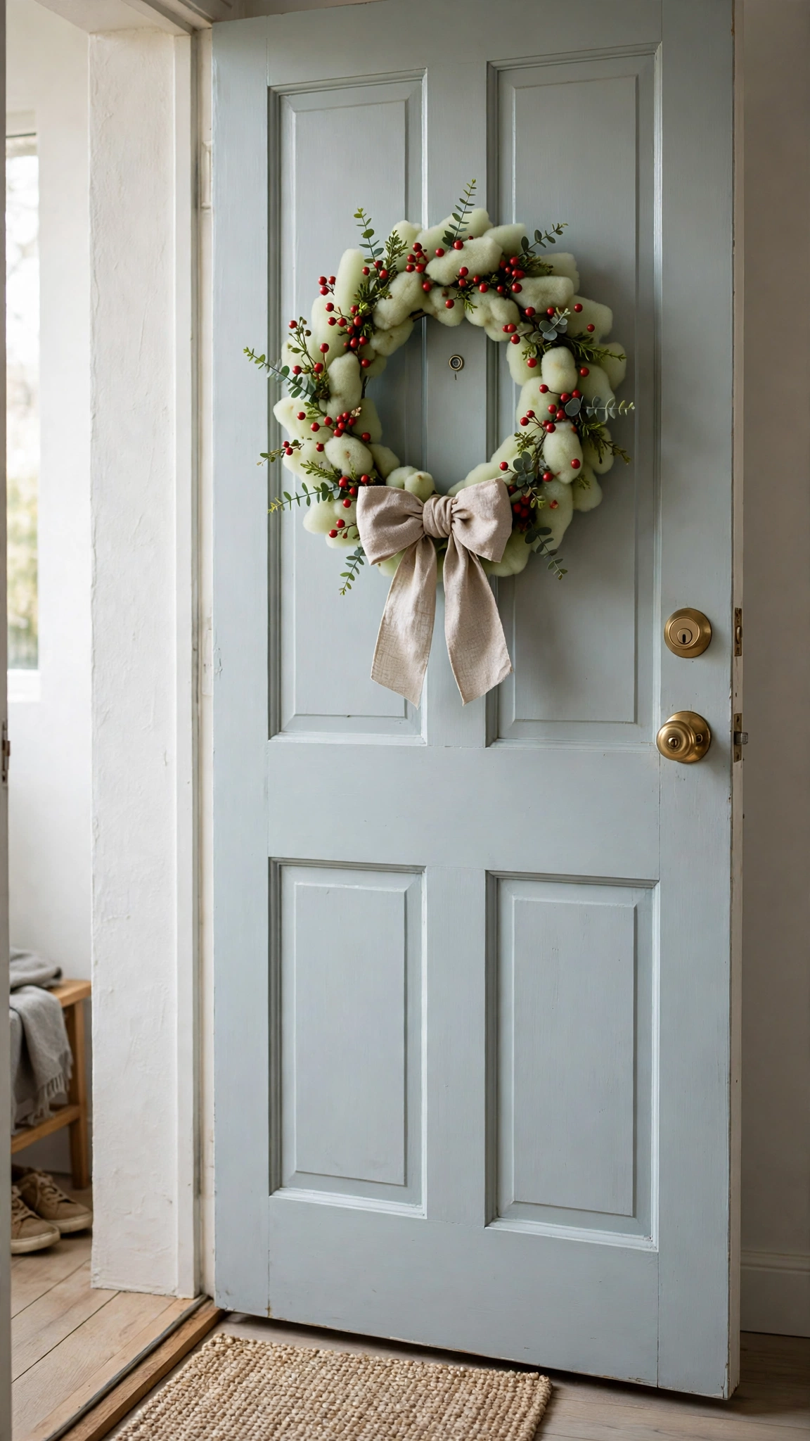 Lightweight foam wreath with berries and a bow hanging on a rented front door.