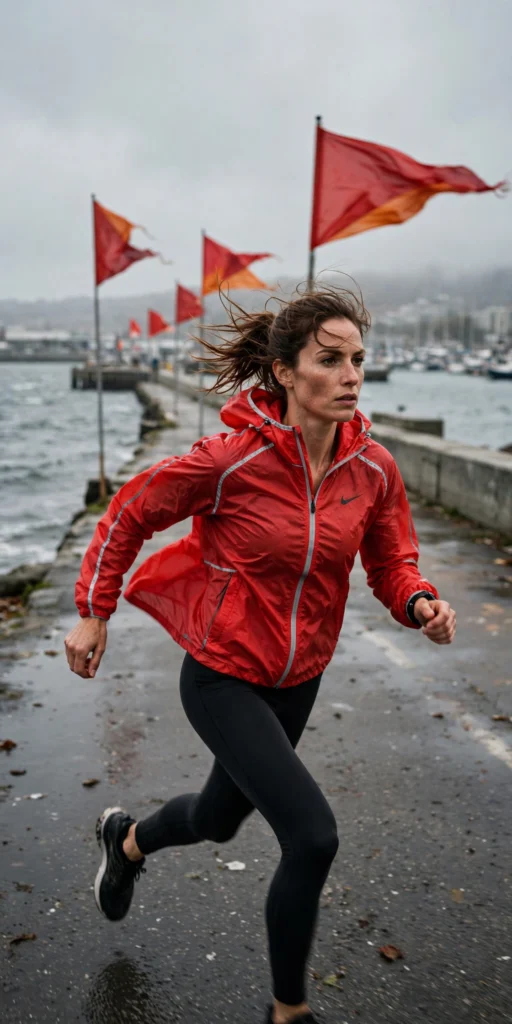 Runner in a red windbreaker braving wind on a waterfront race path.