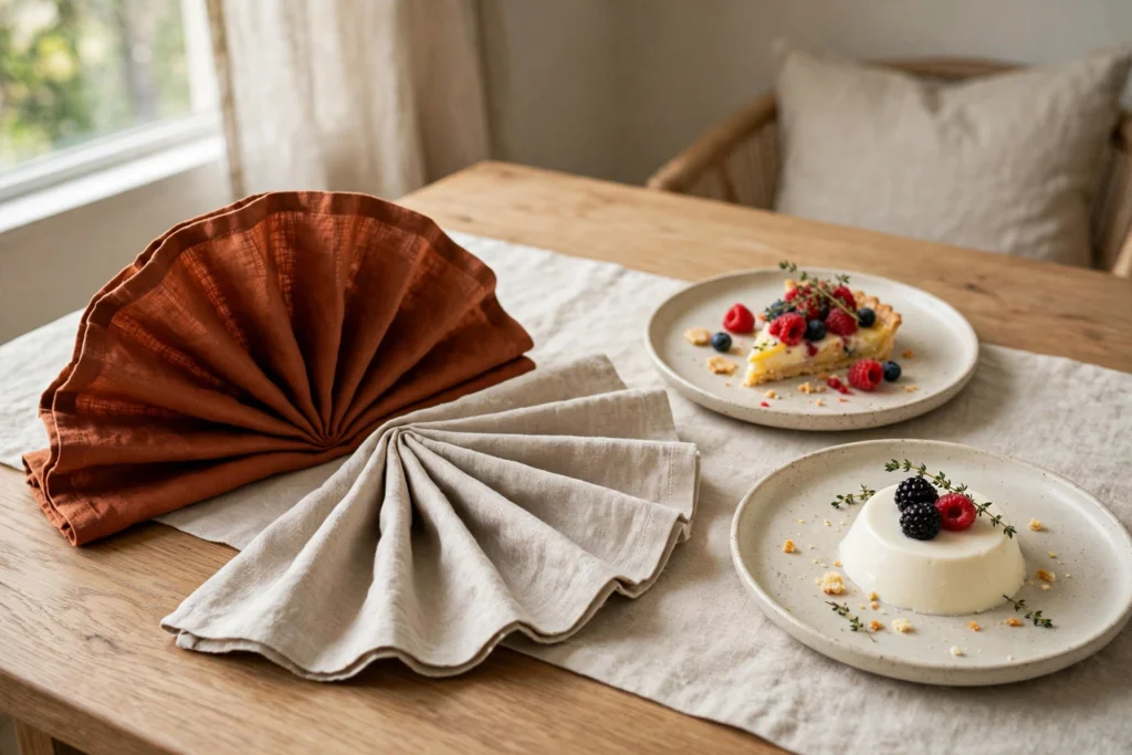 Folded linen cocktail napkins in rust and oatmeal set beside dessert plates.
