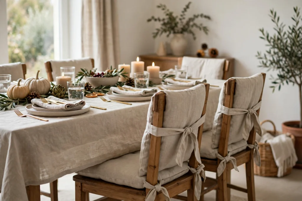 Modern Minimalist Thanksgiving Decor for a Chic Clean Table 24 Linen dining chair cushions tied neatly on chairs around a Thanksgiving table.