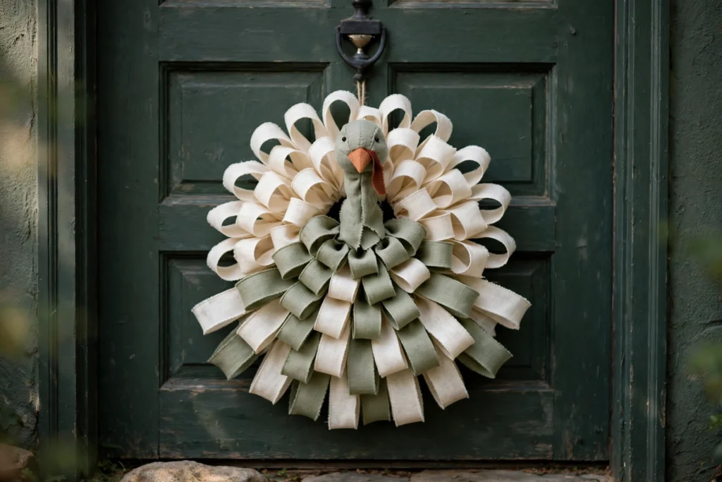 Linen ribbon turkey wreath in ivory and sage loops on deep-toned front door.
