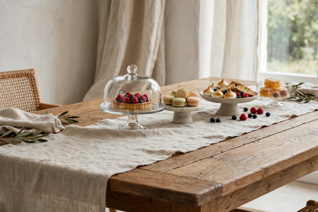 Natural linen runner layered on a wooden dining table beneath dessert serving pieces.