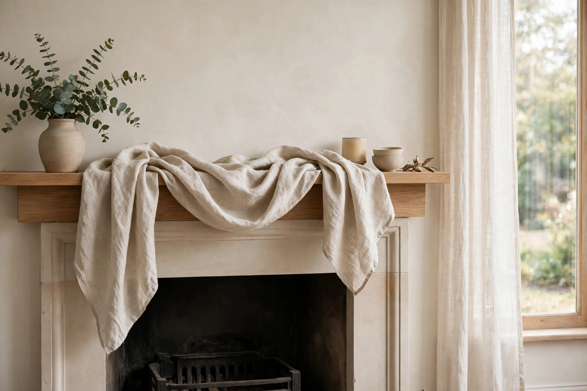 Linen scarf draped softly across a styled fireplace mantel shelf.