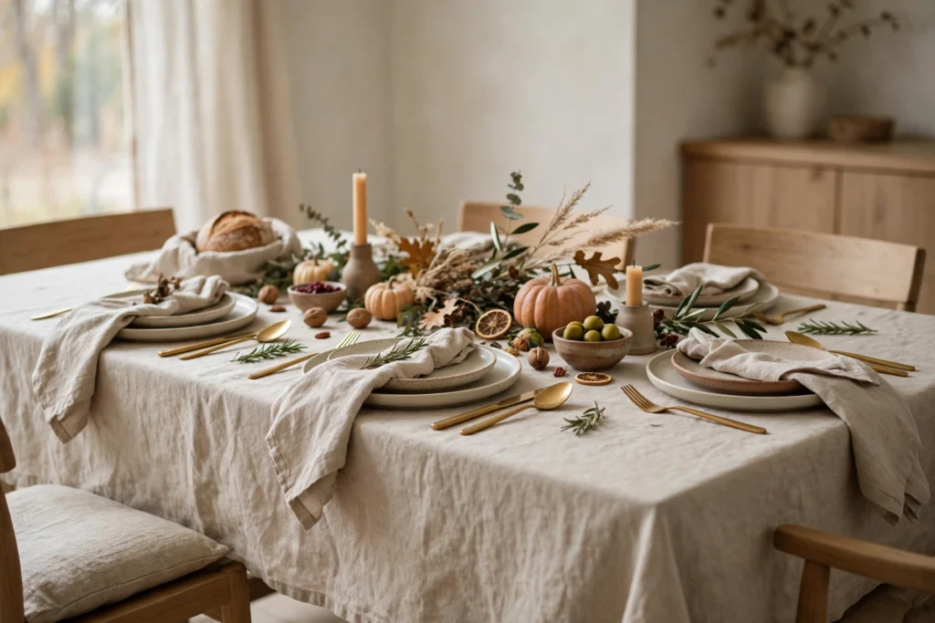 Turkey Day Decor Ideas for a Cozy Festive Home 21 Natural linen tablecloth on a dining table set for a Thanksgiving dinner.